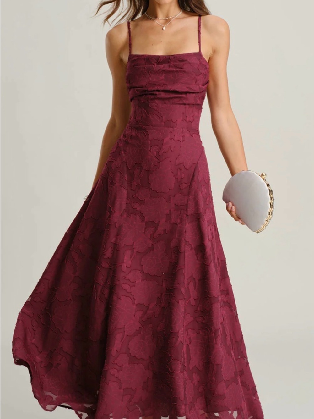 RIHOAS Burgundy Floral Jacquard Maxi Dress